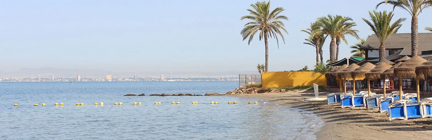 Zona de sombrillas y palmeras de Playa Chica junto al agua en calma del Mar Menor