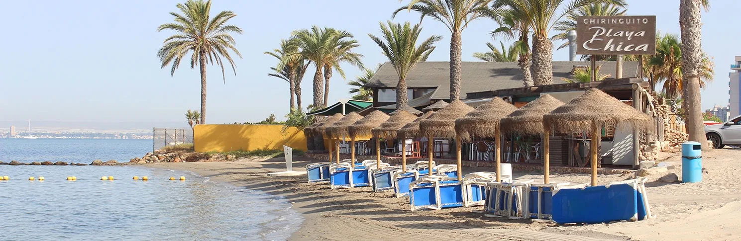 Palmeras altas, sombrillas de paja y hamacas azules sobre la arena de Playa Chica, en La Manga