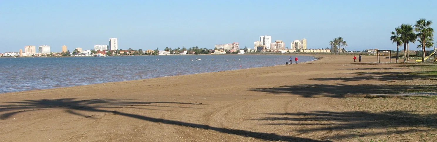 Línea de costa de Playa Honda con la arena húmeda en primer plano y el perfil de edificios de La Manga al fondo