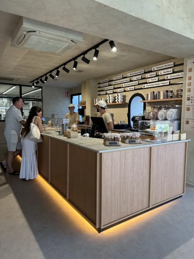 Counter and ice cream flavours at Alpina Gelateria, Cabo de Palos