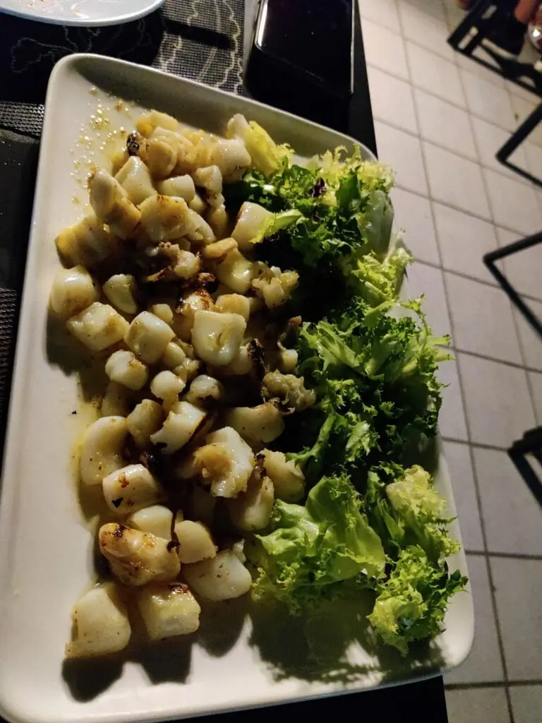 Calamares a la plancha con ensalada en Egos on the Beach
