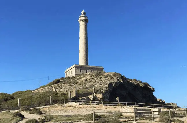 Torre del Faro de Cabo de Palos vista desde el sendero de acceso, con cielo despejado