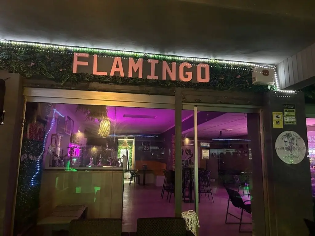 Entrada y barra de Flamingo Beach, terraza nocturna en Cabo de Palos