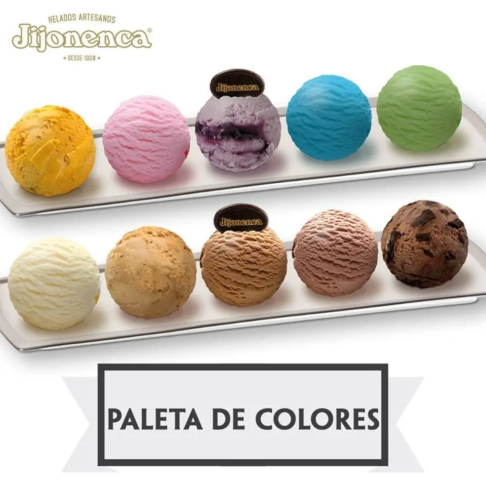Cartel publicitario de La Jijonenca con la paleta de colores de sus helados