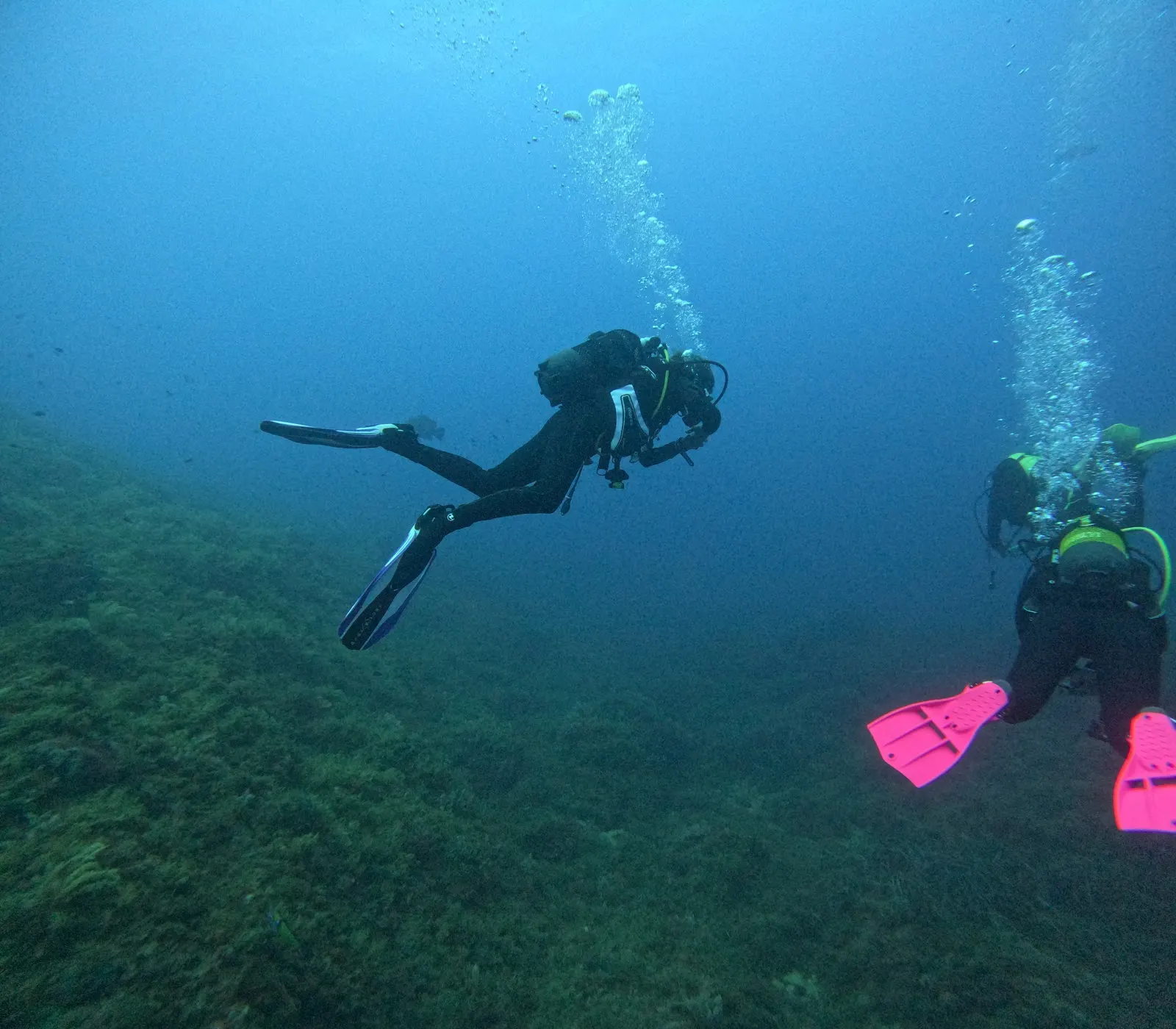 Buceador de Naranjito Buceo descendiendo junto a un compañero sobre el fondo marino de Cabo de Palos