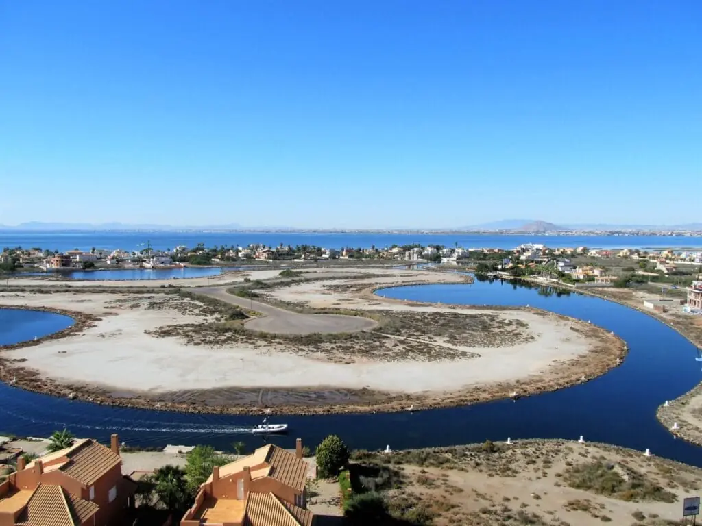 Aerial view of the canals and developments in La Manga del Mar Menor