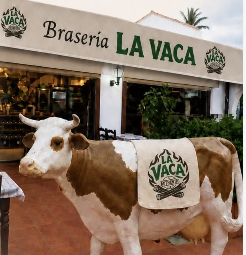 Mascota-vaca con el rótulo «LA VACA AUTHENTIC» en la puerta de Brasería La Vaca Gallega